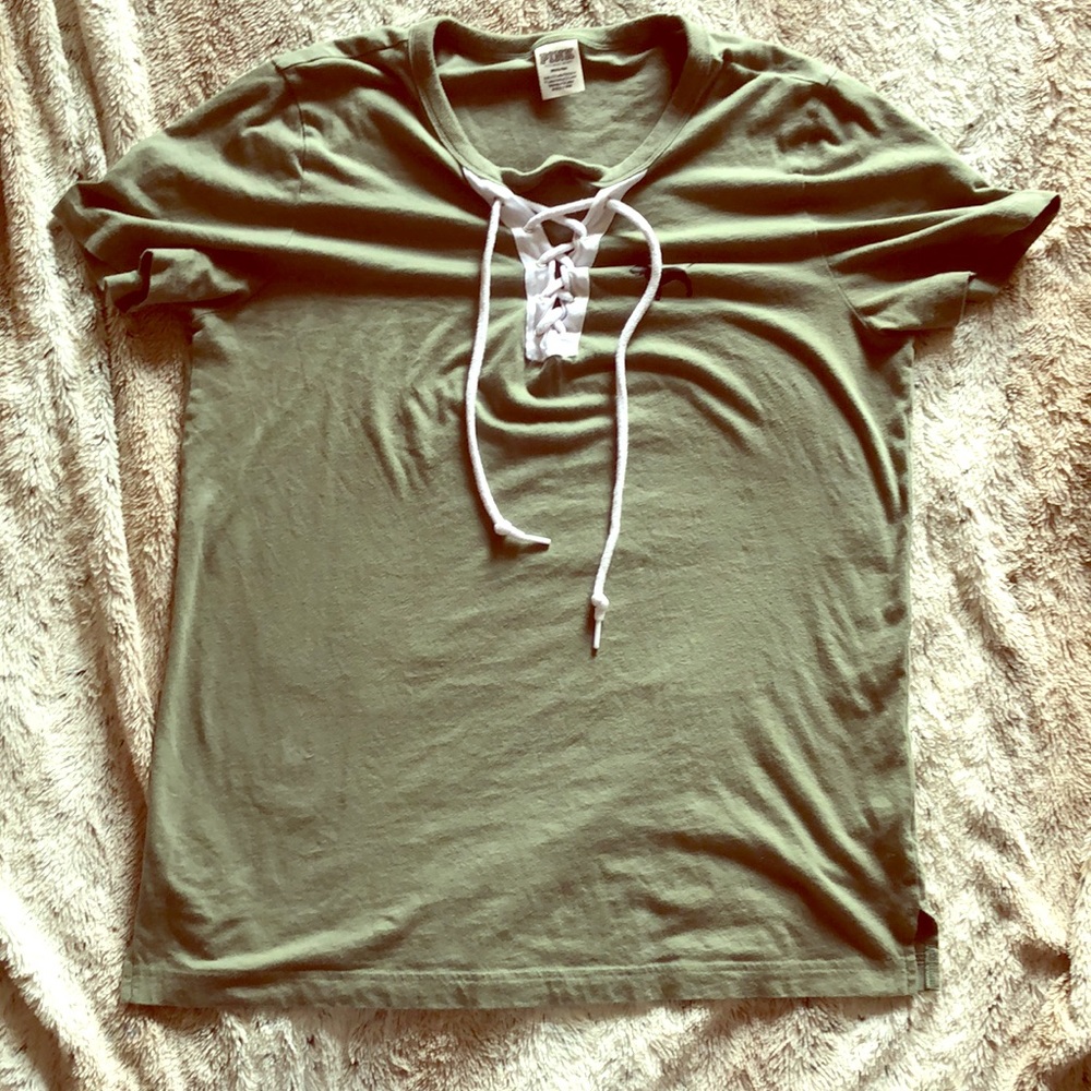 PINK Tie up short sleeve olive green